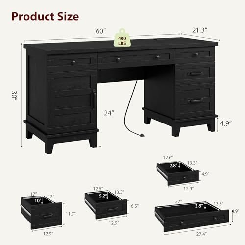 60" Traditional Home Office Desk with Power Outlets, Wooden Executive Desk with File Cabinet and Drawers, Farmhouse Wood Work Desk for Work, Study, Writing, Black - color: Black