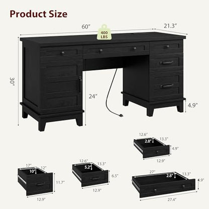 60" Traditional Home Office Desk with Power Outlets, Wooden Executive Desk with File Cabinet and Drawers, Farmhouse Wood Work Desk for Work, Study, Writing, Black - color: Black
