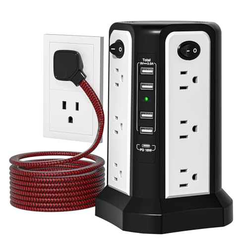 10FT Extension Cord with Multiple Outlets PASSUS Tower Surge Protector | Power Strip with USB C(PD18W) Port Flat Plug Tower Outlets with USB Ports,Overload Protection for Home Office DormRoom - style: Black White-Thin Plug