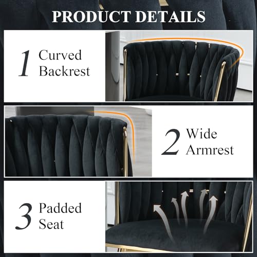 NIOIIKIT Modern Velvet Dining Chairs Hand Weaving Accent Chairs Living Room Chairs Upholstered Side Chair with Golden Metal Legs for Dining Room Kitchen Vanity Living Room (Black) - color: Black
