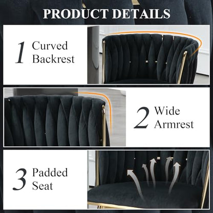 NIOIIKIT Modern Velvet Dining Chairs Hand Weaving Accent Chairs Living Room Chairs Upholstered Side Chair with Golden Metal Legs for Dining Room Kitchen Vanity Living Room (Black) - color: Black