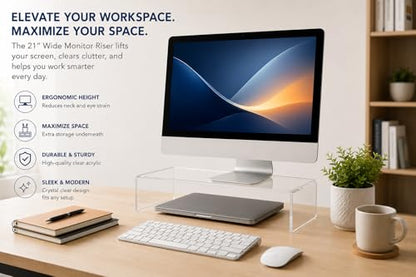 Azar 515360 Acrylic Monitor Stand Riser – Made in USA Laptop stand and Monitor Riser Acrylic Monitor Stand Riser Clear Laptop Stand for Desk Ergonomic Display Riser, Clear (21-Inch-Luxury Handcrafted) - size: 21-Inch