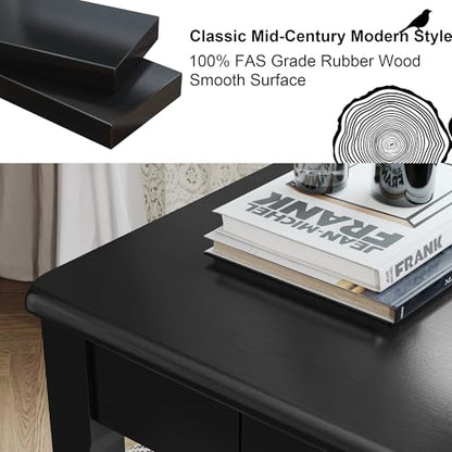 Solid Wooden Desk with Drawers - 39 x 16 Inch Modern Narrow Desks, Rubberwood Simple Study Table, Small Writing Desk for Bedroom|Small Spaces - Black Desks - color: Black, size: 39.4 in W x 15.7 in D