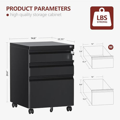 RAVIGIN 3 Drawer File Cabinet，Mobile Filing Cabinet with Lock and Wheels，Un-Assembled Metal Under Desk File Cabinets for A4/Letter/Legal Size（Black - color: Black, style: 3 Drawer-Un-Assembled