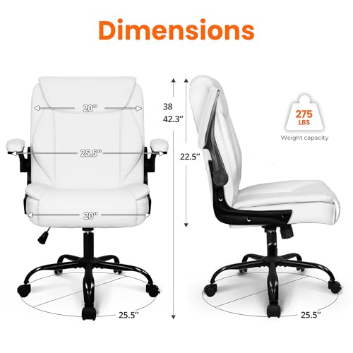 NEO CHAIR PU Leather Office Desk Chair with Adjustable Arms, White | Ergonomic Mid Back Computer Desk Chair Comfy with Wheels Swivel Rolling for Home Office Gaming Study - color: White