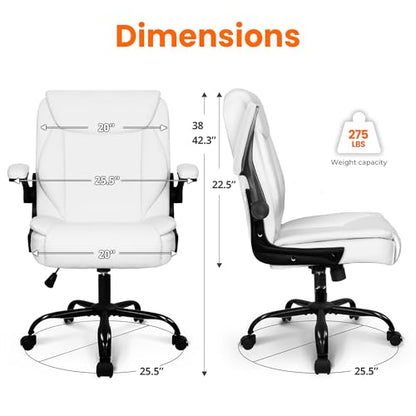 NEO CHAIR PU Leather Office Desk Chair with Adjustable Arms, White | Ergonomic Mid Back Computer Desk Chair Comfy with Wheels Swivel Rolling for Home Office Gaming Study - color: White