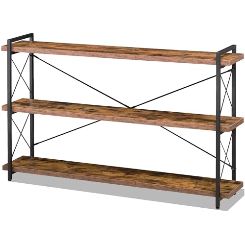 HCHQHS Bookshelf, 3-Tier Long Industrial Bookcase, Rustic Open Book Shelf, Freestanding Horizontal Bookshelves with Metal Frame - color: Rustic Brown, size: 3-Tier (56.7"W x 35.8"H)