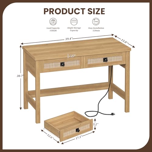 YOMILUVE Rattan Computer Desk with 2 Drawers, 39 Inch Small Desk with Power Outlets, Farmhouse Boho Vanity Desks, Compact Writing Study Table for Small Spaces, Oak - color: Oak