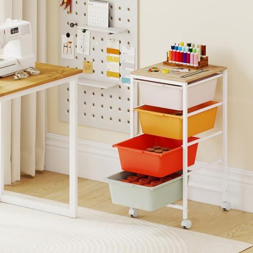 GOFLAME 4-Drawer Rolling Storage Cart, Craft Storage Cart with Wooden Tabletop and Lockable Wheels, Art Cart Supply Storage Organizer with Metal Frame for Home Office Classroom, Macaron Color - color: Macaron Color, size: 4-Drawer with Wood Top