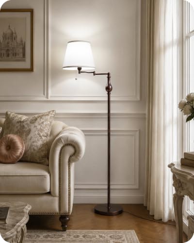 Vintage Floor Lamp with 350°Adjustable Swing Arm, 61” Mid-Century Modern Floor Lamp, Standing Pole Lamp with Pull Chain Switch, Antique Reading Lamp for Living Room, Bedroom, White and Brown VW13LD05 - color: White + Rustic Brown