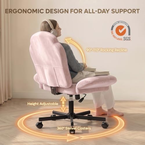 Bestier Criss Cross Office Chair with FILP-Up Armrests, Pink Velvet | Rocking Recline,Swivel Makeup Vanity Chair with 5-Level Folding Armrest, Cross Legged Desk, Adjustable Height Swivel Chair - color: Pink Velvet
