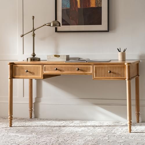 HULALA HOME 60 Inches Fluted Writing Desk with Charging Station, Teak - color: Teak