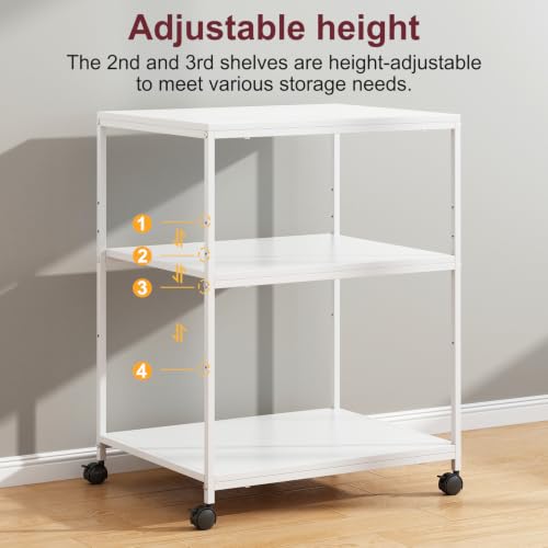 White Printer Stand, 20” Large Printer Table for Home Office, 3 Tier Rolling Printer Cart with Storage, for Shredder Scanner Fax - color: White