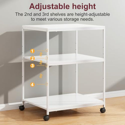 White Printer Stand, 20” Large Printer Table for Home Office, 3 Tier Rolling Printer Cart with Storage, for Shredder Scanner Fax - color: White
