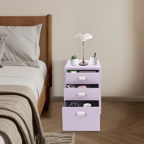 3 Drawers File Cabinet, 16*11*18.9In Aluminum Alloy Mobile Filing Cabinet Rolling Filing Cabinets Rectangular Storage Cabinets with Lock&4 Wheels for Kitchen Bedroom Living Room (Purple) - color: Purple