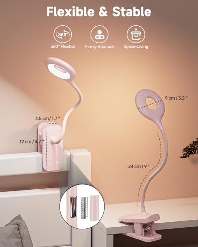 CUHIOY Rechargeable Clip on Reading Light for Bed Headboard, Pink, 1 Pack | Large Clamp Flexible Neck, Battery Desk Lamp, 5 Color 5 Brightness Touch Control, Flicker-Free LED Bedside Night Light - style: 1Pack Pink