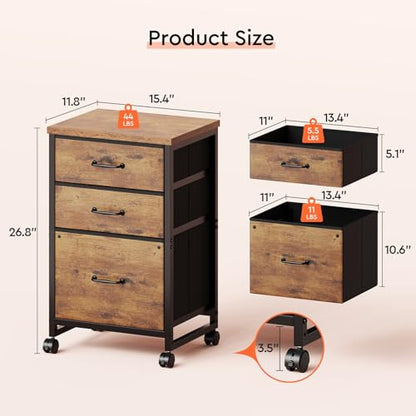 Maihail 3 Drawer File Cabinet with Wheels with Open Storage Shelf, Rustic Brown2 - color: Rustic Brown2