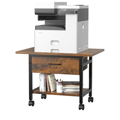 Aetheris Heavy-Duty Printer Stand with Locking Wheels, 2 -Tier Under Desk Table with Storage Drawer, Large Rolling Cart, Printer Table, Fits Printer Scanner Fax Machine, 22" x 15" x 18.3", Brown - color: Brown