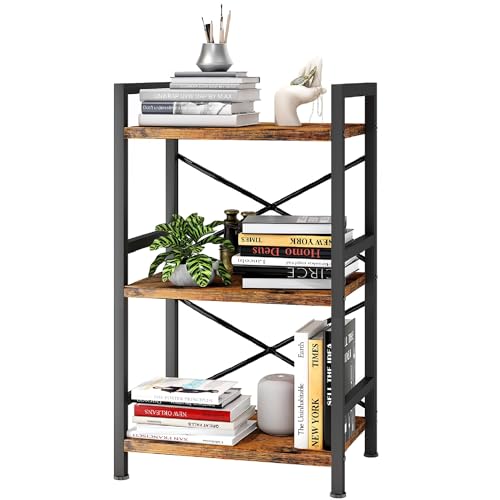 Homeiju Bookshelf, 3 Tier Industrial Bookcase, Metal Small Bookcase, Rustic Etagere Book Shelf Storage Organizer for Living Room, Bedroom, and Home Office(Rustic Brown) Patent Pending D29873033 - color: Rustic, size: 3 Tier