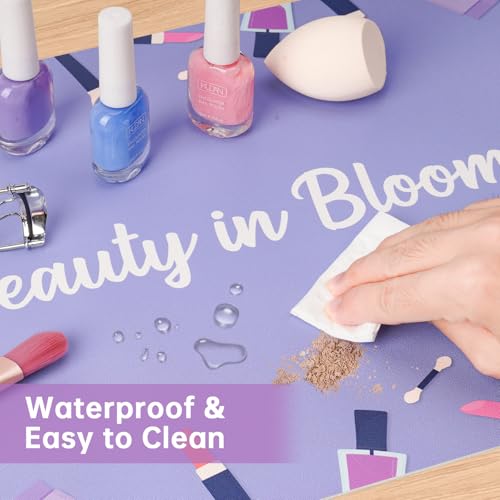 Dual-Sided Waterproof Synthetic Leather Makeup Mat for Desk, Makeup Station, Crafts, Multi-Use Scratch & Stain Resistant Surface Protector Pad for Vanity, Desktop, Craft Table (Purple Cartoon) - color: Purple Cartoon