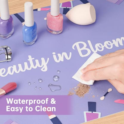 Dual-Sided Waterproof Synthetic Leather Makeup Mat for Desk, Makeup Station, Crafts, Multi-Use Scratch & Stain Resistant Surface Protector Pad for Vanity, Desktop, Craft Table (Purple Cartoon) - color: Purple Cartoon