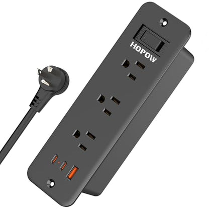 Recessed Power Strip, 6 Outlets 5 USB (3 USB-C, 15W/3A Max), 5FT Flat Plug | Flush mount power strip, desktop charging station for desk, nightstand, side table, 1875W/15A, 900J surge protection, Black