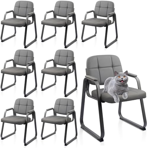 CLATINA Waiting Room Chairs No Wheels Set of 8, Stationary Leather Office Reception Guest Chair with Padded Arms and Sled Base for Elderly Desk Conference Room Lobby Table Side Salon, Grey - color: Grey-sled Base, size: 8 Pack