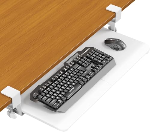 Under Desk Keyboard Tray, Pull-Out Drawer&Holder with C-Clamp 25.6"x11.8" - color: White