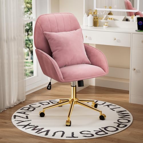 Home Office Desk Chair Comfy with Adjustable Swivel Wheels, Modern Velvet Makeup Vanity Chair with Back & Pillow, Ergonomic Office Chair Computer Task Chair for Living Room, Bedroom, Rose Pink - color: Rose Pink