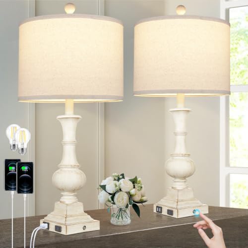 26" Farmhouse Table Lamps Set of 2, Rustic Touch Control Bedside Lamps with 2 USB Ports & AC Outlet, Vintage White Resin 3-Way Dimmable Nightstand Lamp Linen Fabric Shade for Living Room Bedroom Decor - color: Retro White