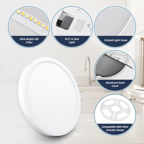 ECOELER 9“ Flush Mount Ceiling Light with 5CCT Selectable (2700K,3000K,4000K,5000K,6000K), 24W 1800Lm Dimmable Flat Ceiling Light Surface Mount for Kitchen, Hallway, Bedroom, 4Pack - color: White, size: 9Inch - 4PK
