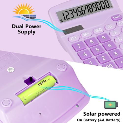 Cute Purple Desktop Calculator with Big Buttons, Dual Power Source | Solar and Battery, Large Display Screen - Perfect for Office, Teachers, and Students (Purple) - color: Purple