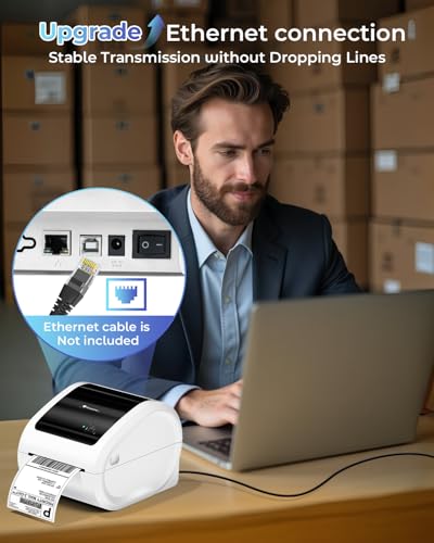 Phomemo Ethernet Thermal Label Printer, 300DPI with Built-in Paper Bin | D530Pro 4X6 Shipping Label Printer for Small Business, Home, Office, Compatible with Ethernet/Bluetooth/USB, Amazon, USPS - color: White