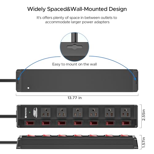 CRST 6-Outlet Metal Power Strip with Individual Switches, 15A/1875W, 15FT - color: Black, size: 15FT