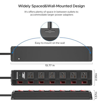 CRST 6-Outlet Metal Power Strip with Individual Switches, 15A/1875W, 15FT - color: Black, size: 15FT