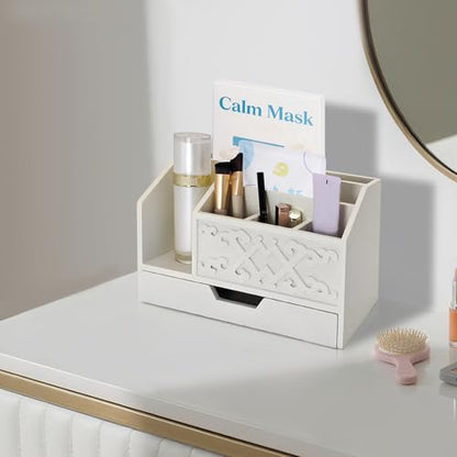 White Wooden Mail Organizer with Drawer, Three Tiered Desk Accessories for Office Organization and Storage, Stylish Countertop Document Storage, Home/Office/Classroom Supplies (White03) - style: White03