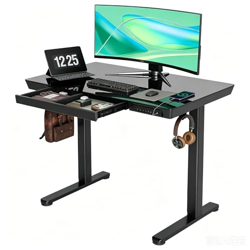 INNOVAR 40" Small Glass Standing Desk with Drawers & USB Ports, Whole-Piece Glass Top Adjustable Height Desks, Quick-Install Electric Sit-Stand Up Desk for Home Office & Computer Workstation, Black - color: Black, size: 40 inch with USB