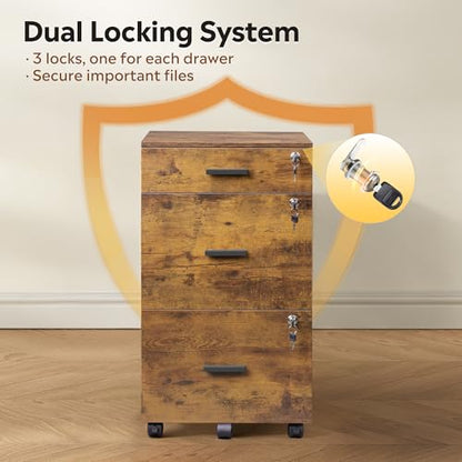 DEVAISE 3 Drawer File Cabinet with Lock & Wheels, Wood Printer Stand - color: Rustic Brown