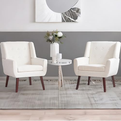 HUIMO Living Room Chairs Set of 2,Upholstered Button Linen Accent Chair | Mid Century Fabric Modern Armchair,Comfy Arm Club Sofa Chairs for Living Room Reading Bedroom,Waiting Room Beige 2PCS - color: Beige
