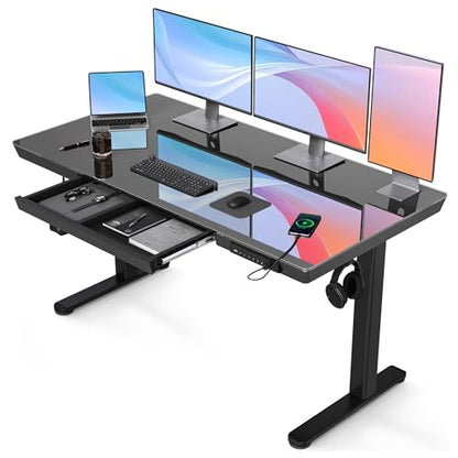 Claiks Glass Standing Desk with Drawers & USB Ports 55x24 Inch, Black - color: Black, size: 55 inch