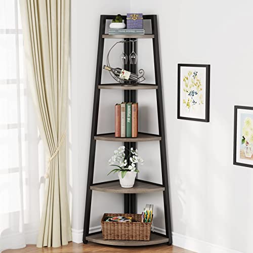 Tribesigns 70 inch Tall Corner Shelf, 5 Tier Industrial Corner Bookshelf Bookcase Industrial Corner Ladder Shelf Plant Stand for Living Room, Kitchen, Home Office (Grey) - color: Grey