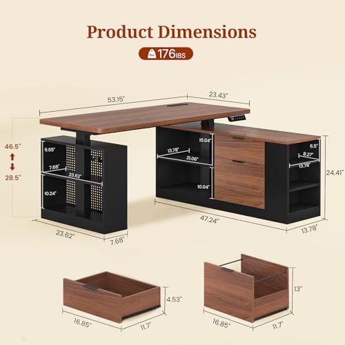 UPOSOJA L Shaped Standing Desk Adjustable Height, 53" Electric Office Desk with File Drawers & Storage Shelves, Sit Stand Corner Computer Desk with Power Outlets, Pegboard, 6 Hooks, Black & Walnut - color: Black, size: L Shaped