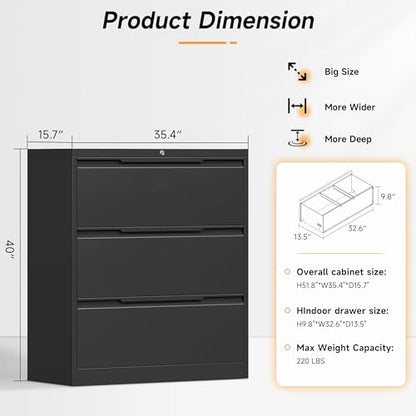 Bestoo 3 Drawer File Cabinet, Metal Lateral Filing Cabinet with Lock - color: Black, size: 3 Drawer 15.7"D x 35.4"W x 40"H