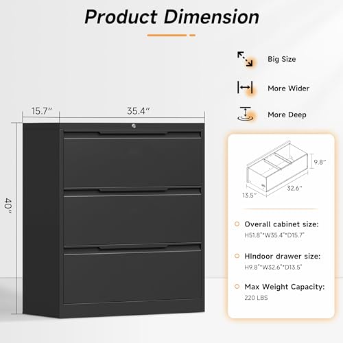 Bestoo 3 Drawer File Cabinet, Metal Lateral Filing Cabinet with Lock - color: Black, size: 3 Drawer 15.7"D x 35.4"W x 40"H