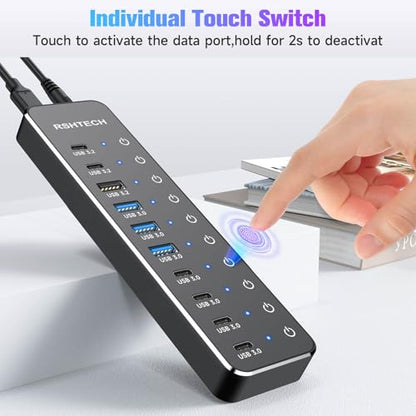 RSHTECH 10 Ports Powered USB 3.2/USB C Hub Splitter 60W with 3 x 10Gbps USB 3.2 Ports (2C + 1A),7 x USB 3.0 Ports (4C + 3A), 3.3ft Cable and Individual Touch Switches for Laptop PC
