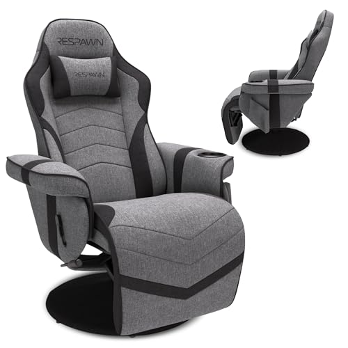 RESPAWN 900 Gaming Recliner Chair with Footrest, Cup Holder and Swivel | Ergonomic gaming recliner with footrest, cup holder, lumbar support, 135° recline & 360° swivel for console gaming - color: Gray Fabric