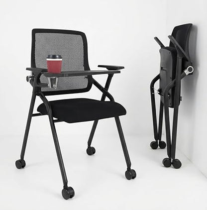 Updated Conference Room Chairs with Tablet Arm, Folding Office Desk Chair with Lumbar Support and Sliding Armrest with Casters, Stackable Office Guest Chairs & Reception Chairs, 1 Pack Black - color: Black With Tablet Arm, size: 1 Pack