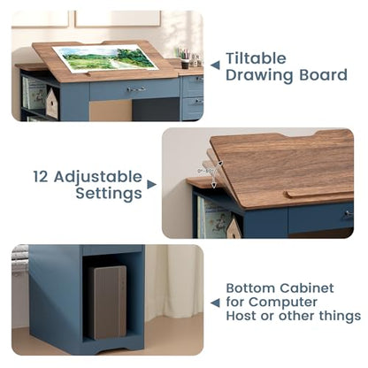 Drafting Table with Storage Cabinet & Drawers, Adjustable Drawing Desk with Open Shelves, Craft Table Painting Desk for Artists, Painters, Drawing, Crafting, Reading, Writing, Working (Blue) - color: Blue