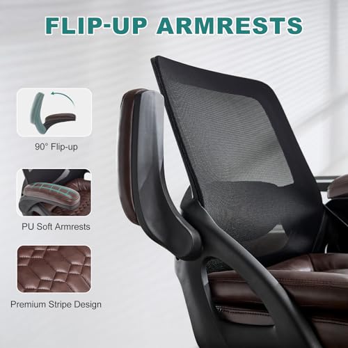 Big and Tall Office Chair, 500lbs Heavy Duty Ergonomic Mesh, Brown | Flip-Up Armrests, Plus Size PU Leather Wide Seat, 360° Swivel Computer Executive Task Chair for Home Office, Up to 500LBS Cap - color: Brown, size: 2BOX