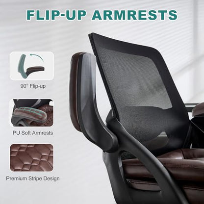 Big and Tall Office Chair, 500lbs Heavy Duty Ergonomic Mesh, Brown | Flip-Up Armrests, Plus Size PU Leather Wide Seat, 360° Swivel Computer Executive Task Chair for Home Office, Up to 500LBS Cap - color: Brown, size: 2BOX
